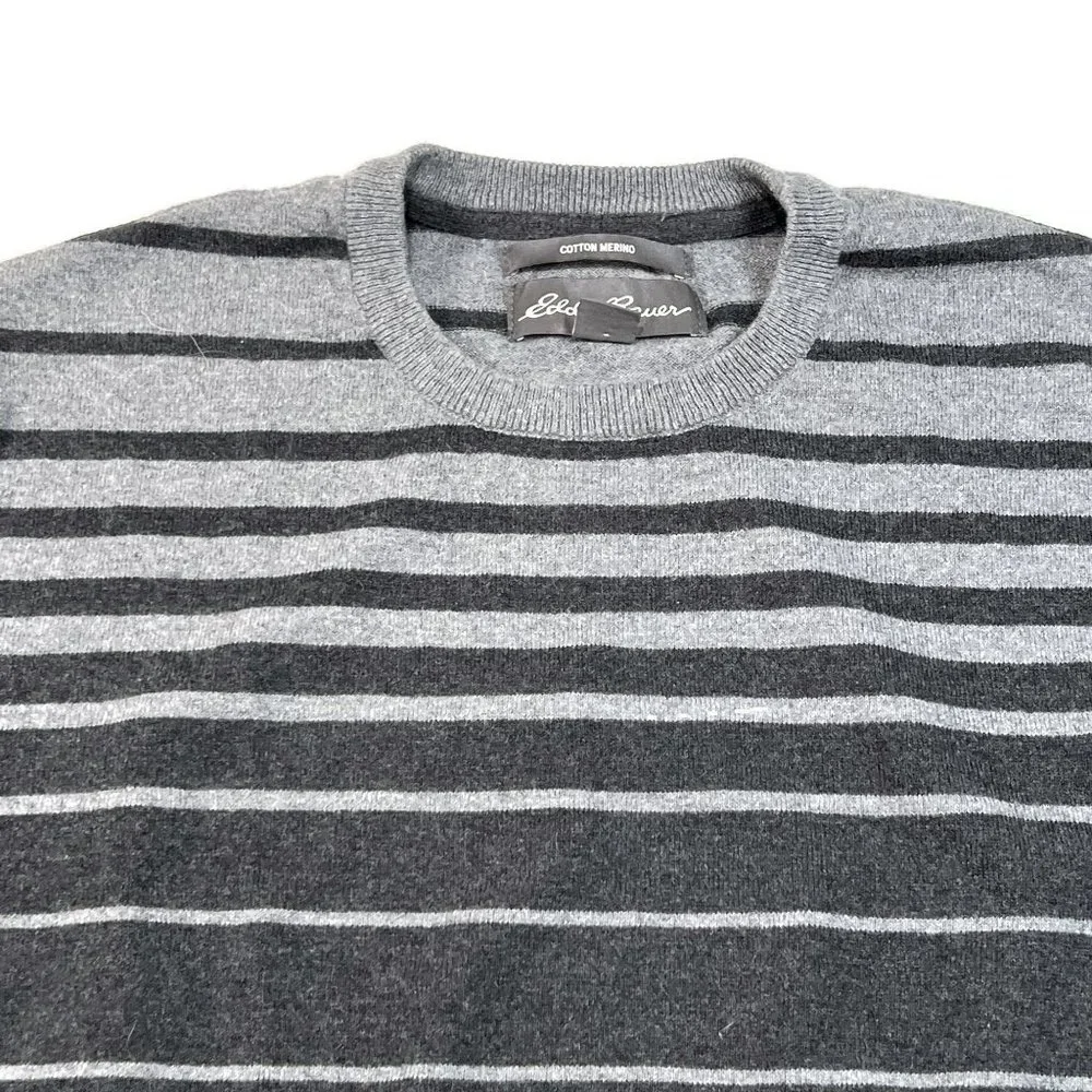 Eddie‎ Bauer Sweater Mens Large Gray Striped Crewneck Cotton Merino Wool